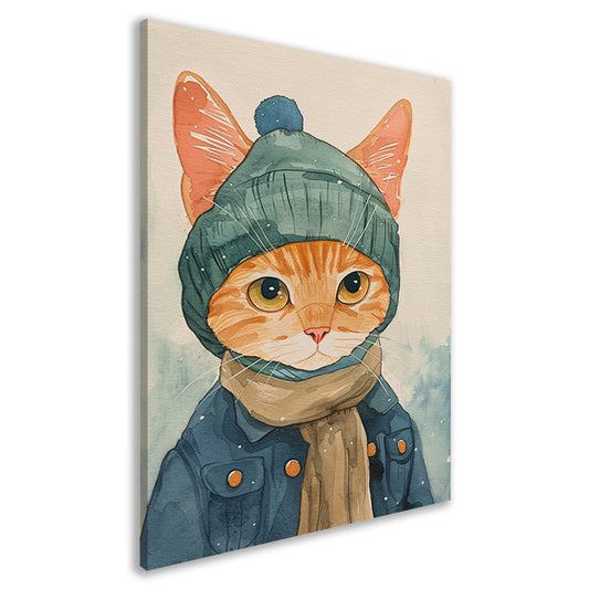 Digitale kunst van een kat met winterkleding canvas