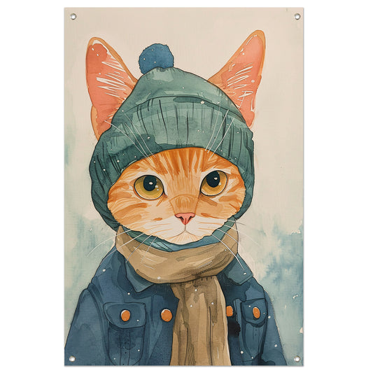 Digitale kunst van een kat met winterkleding tuinposter