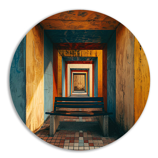 Minimalistische Tunnel met Bankje aluminium muurcirkel