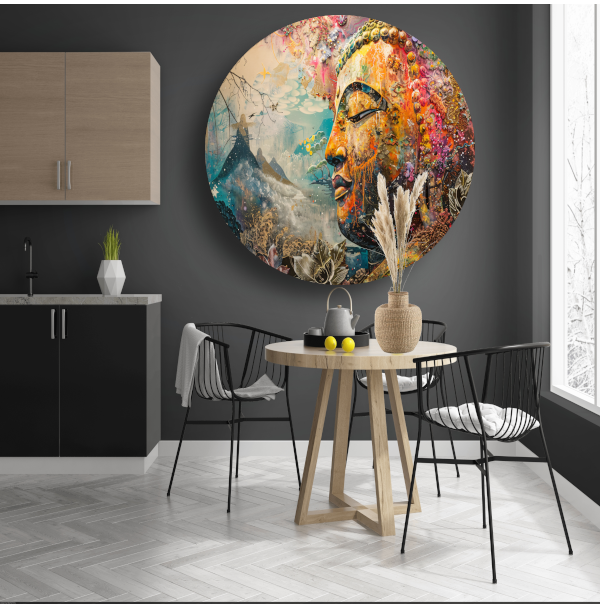 Eclectische Boeddha met Kleurrijke Achtergrond aluminium muurcirkel