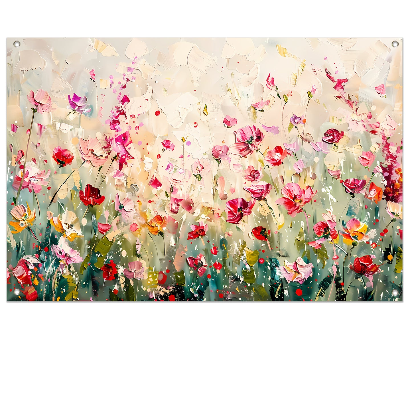 Kleurvol schilderij van een bloemenveld tuinposter