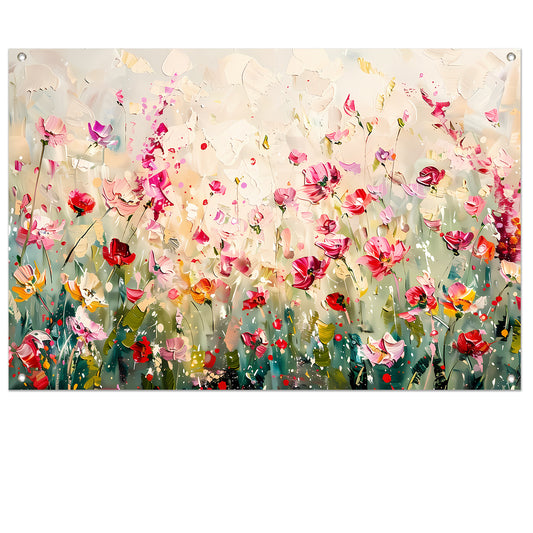 Kleurvol schilderij van een bloemenveld tuinposter