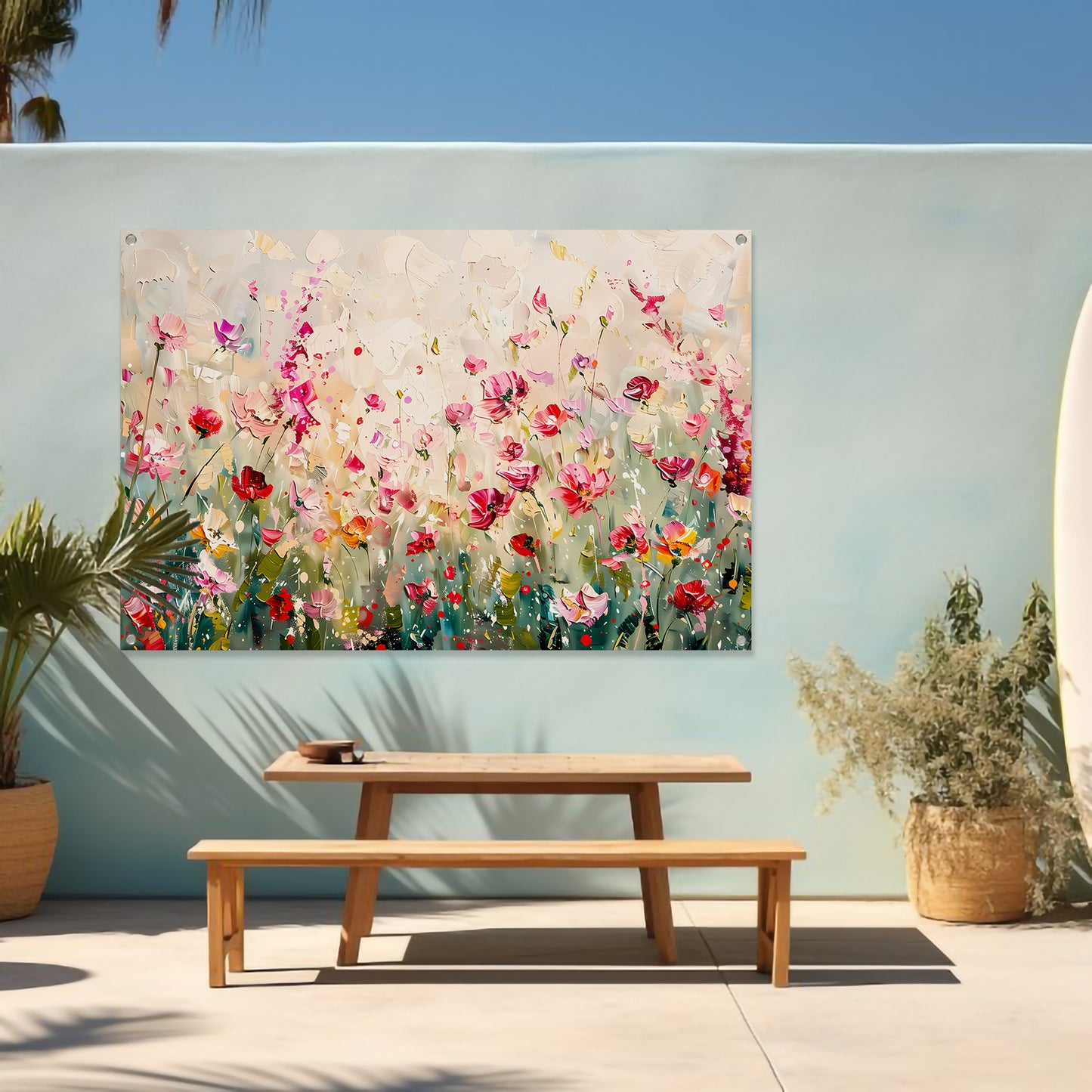 Kleurvol schilderij van een bloemenveld tuinposter