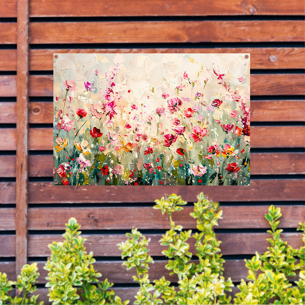 Kleurvol schilderij van een bloemenveld tuinposter