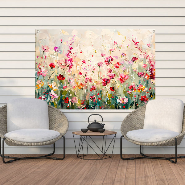 Kleurvol schilderij van een bloemenveld tuinposter