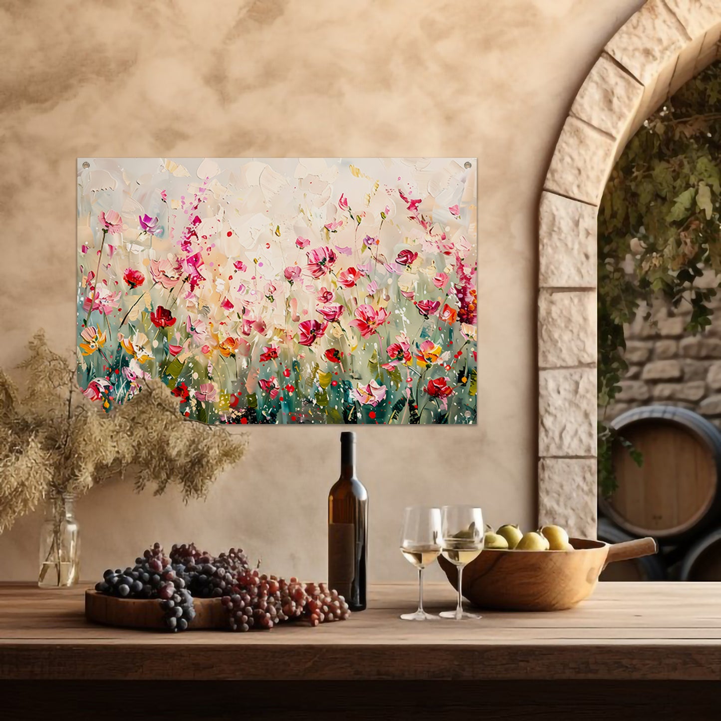 Kleurvol schilderij van een bloemenveld tuinposter