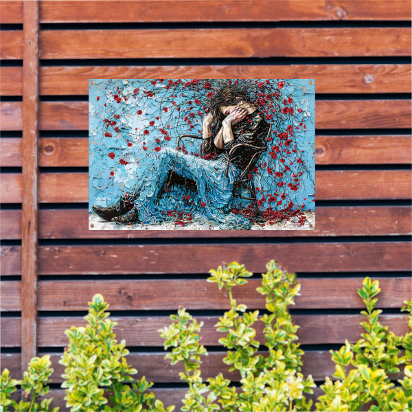 Vrouw omhuld door bloemen en emotie tuinposter