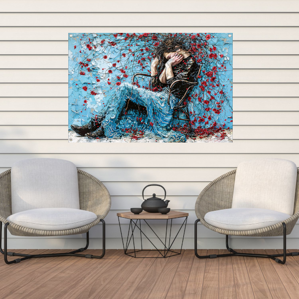 Vrouw omhuld door bloemen en emotie tuinposter
