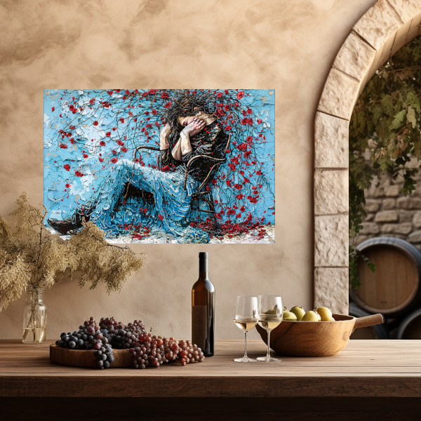 Vrouw omhuld door bloemen en emotie tuinposter