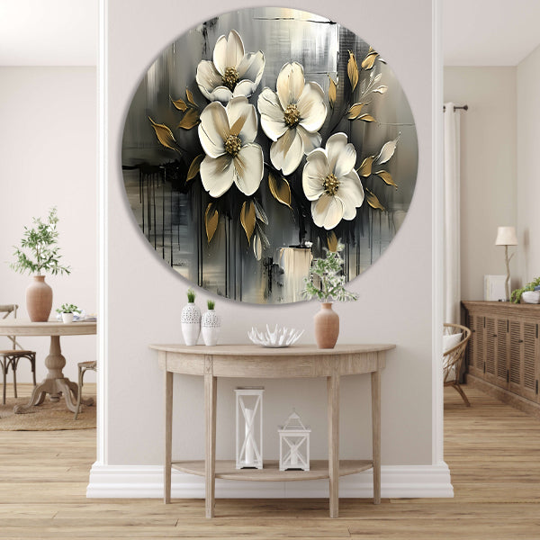 Abstract minimalistisch schilderij van witte bloemen aluminium muurcirkel