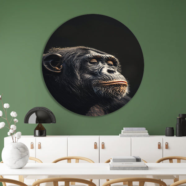 Indringende blik van een wijze chimpansee aluminium muurcirkel