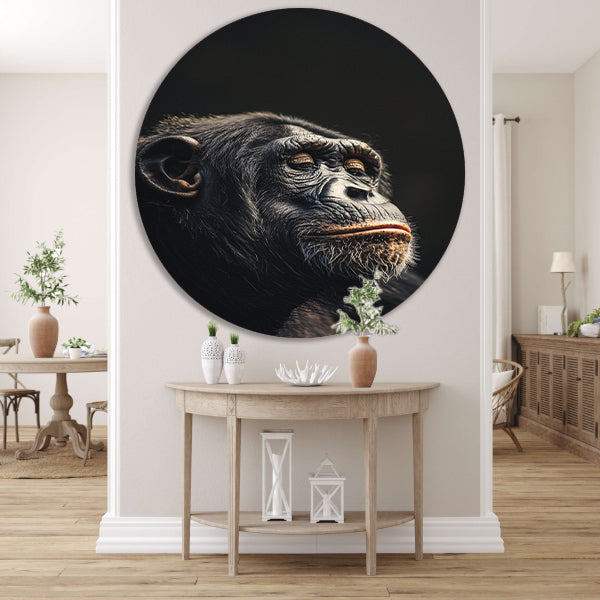 Indringende blik van een wijze chimpansee aluminium muurcirkel