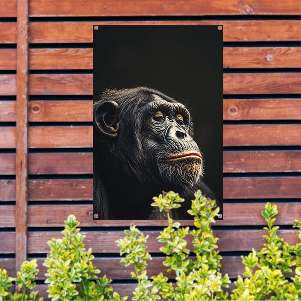 Indringende blik van een wijze chimpansee tuinposter