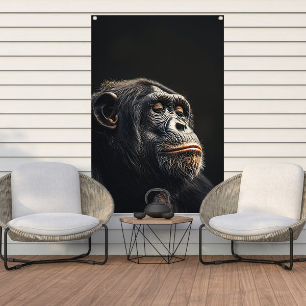 Indringende blik van een wijze chimpansee tuinposter