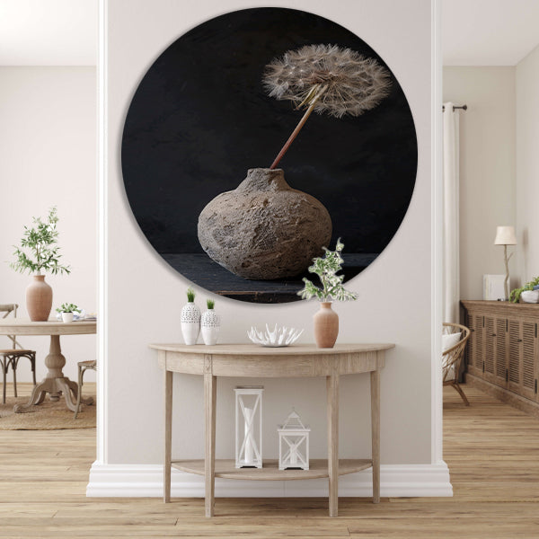 Oude vaas met delicate paardenbloem aluminium muurcirkel