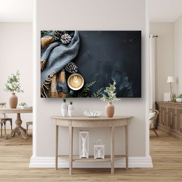 Warme koffie met dennenappels en sjaal poster