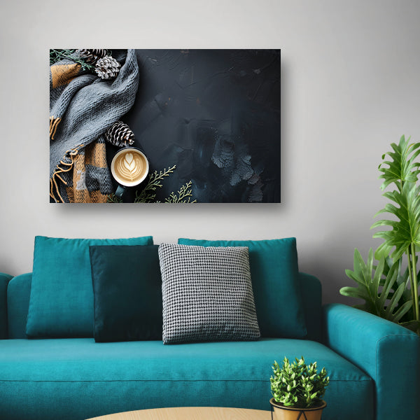 Warme koffie met dennenappels en sjaal poster