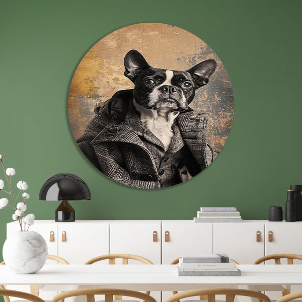 Franse Bulldog in Tweed Pak aluminium muurcirkel