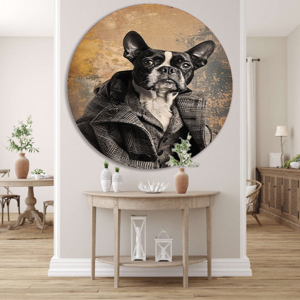 Franse Bulldog in Tweed Pak aluminium muurcirkel