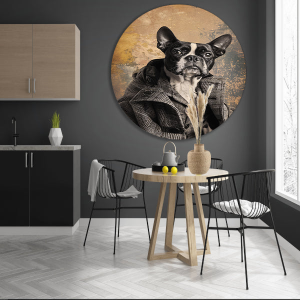 Franse Bulldog in Tweed Pak aluminium muurcirkel