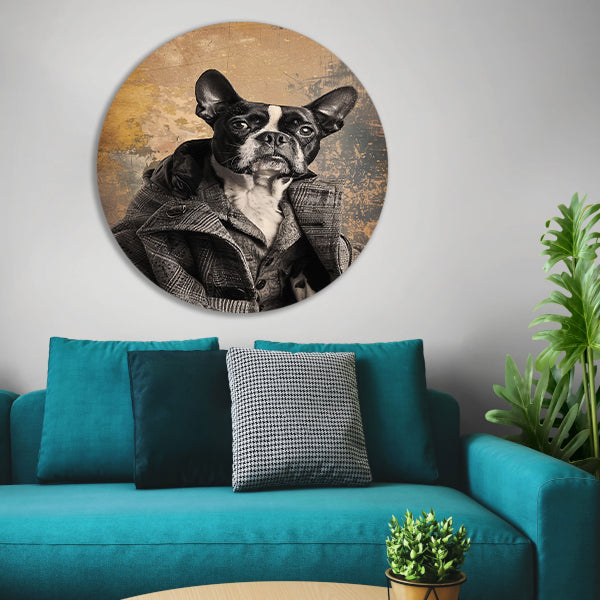 Franse Bulldog in Tweed Pak aluminium muurcirkel