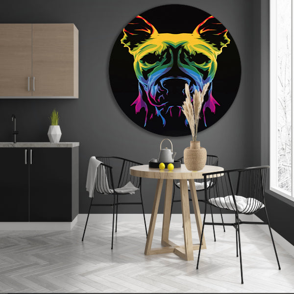 Psychedelische kleurrijke afbeelding van een hond aluminium muurcirkel