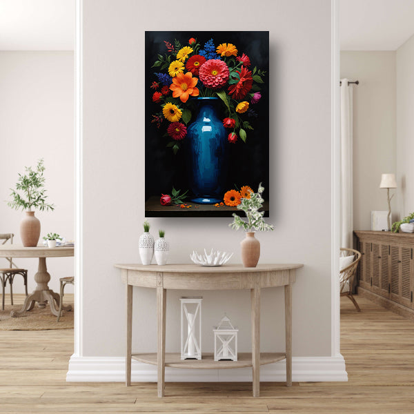 Boeket in Blauwe Vaas op Zwarte Achtergrond acrylglas