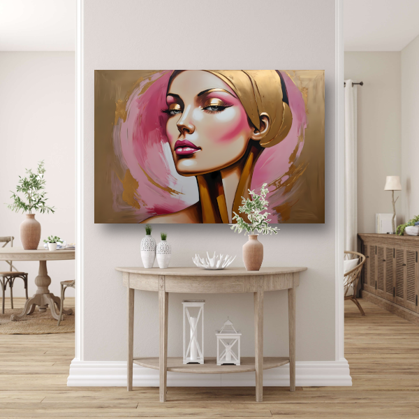 Moderne vrouw met gouden oorbel portret canvas met baklijst