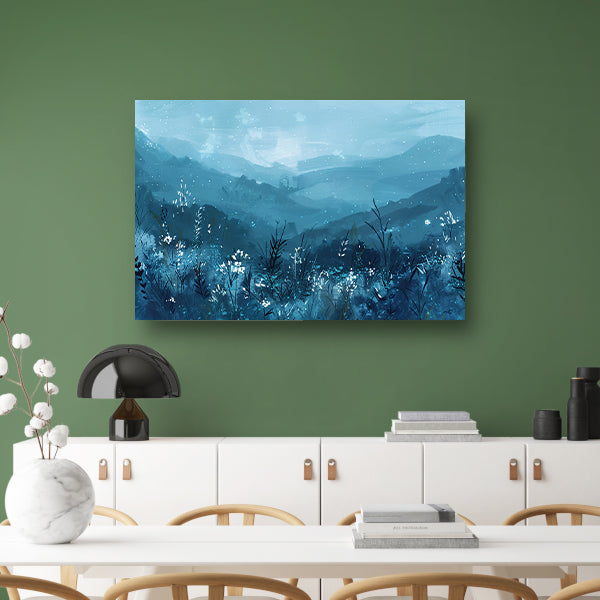 Serene bloemen en bergen in blauw poster
