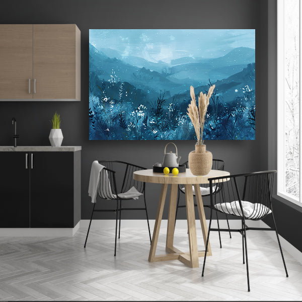 Serene bloemen en bergen in blauw poster