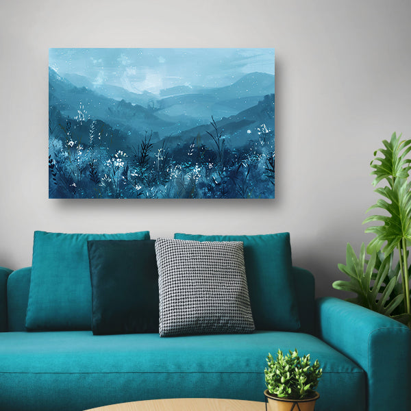 Serene bloemen en bergen in blauw poster