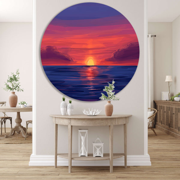 Adembenemende zonsondergang over kalme zee aluminium muurcirkel