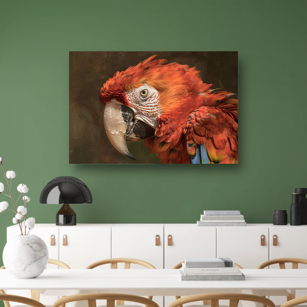 Realistisch schilderij van kleurrijke papegaai poster