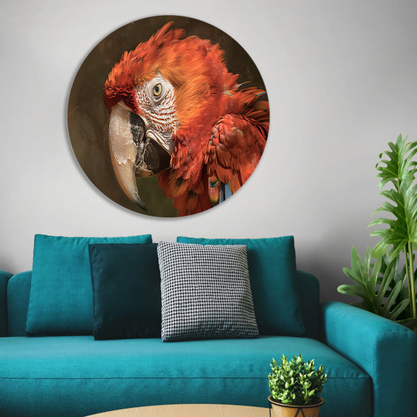 Realistisch schilderij van kleurrijke papegaai aluminium muurcirkel