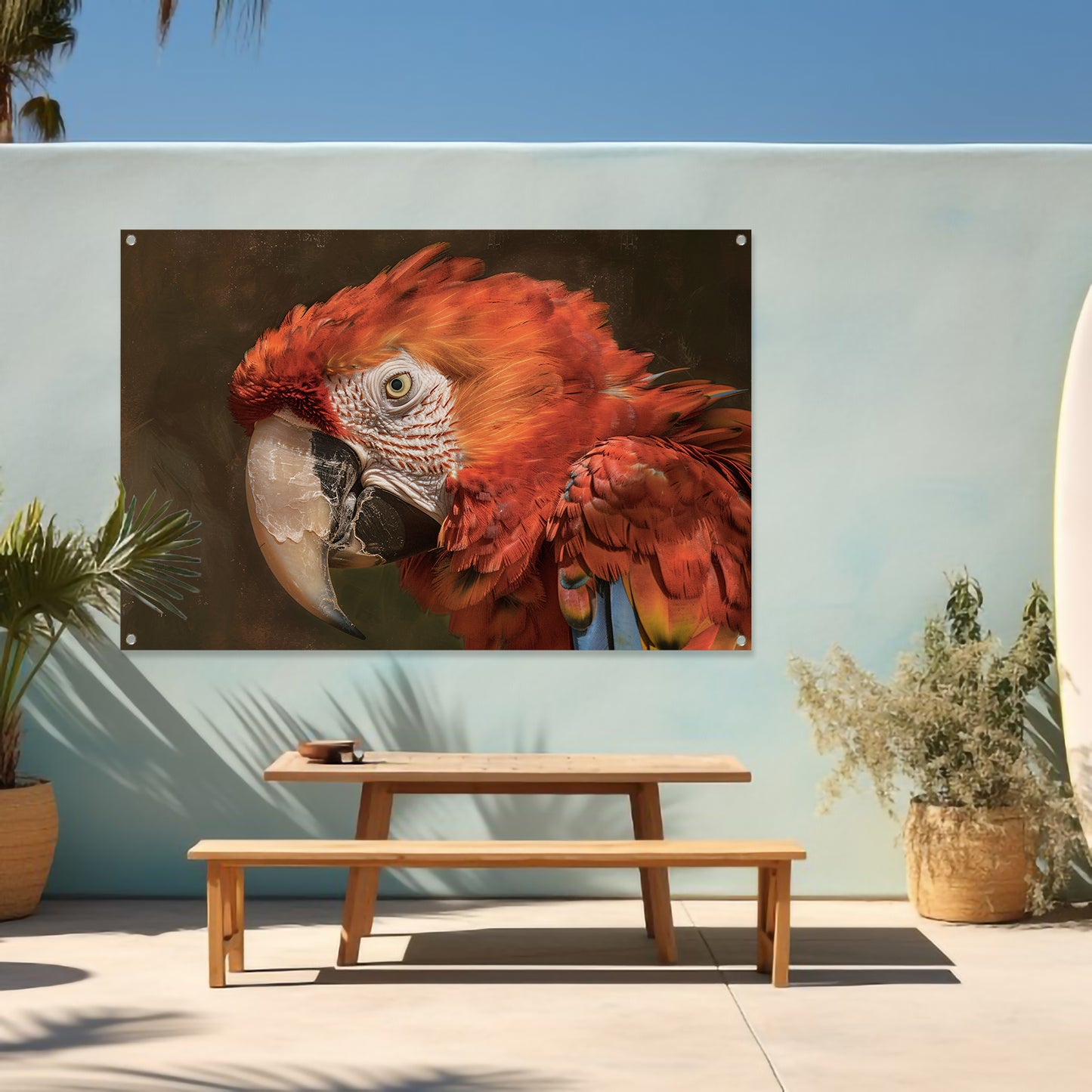 Realistisch schilderij van kleurrijke papegaai tuinposter