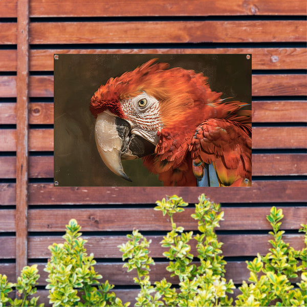 Realistisch schilderij van kleurrijke papegaai tuinposter