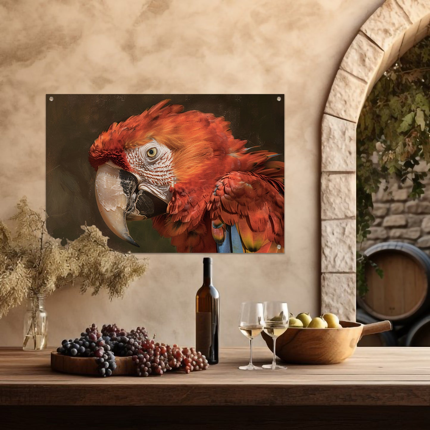 Realistisch schilderij van kleurrijke papegaai tuinposter