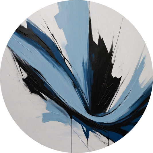 Dynamische Abstractie in Zwart, Wit en Blauw aluminium muurcirkel