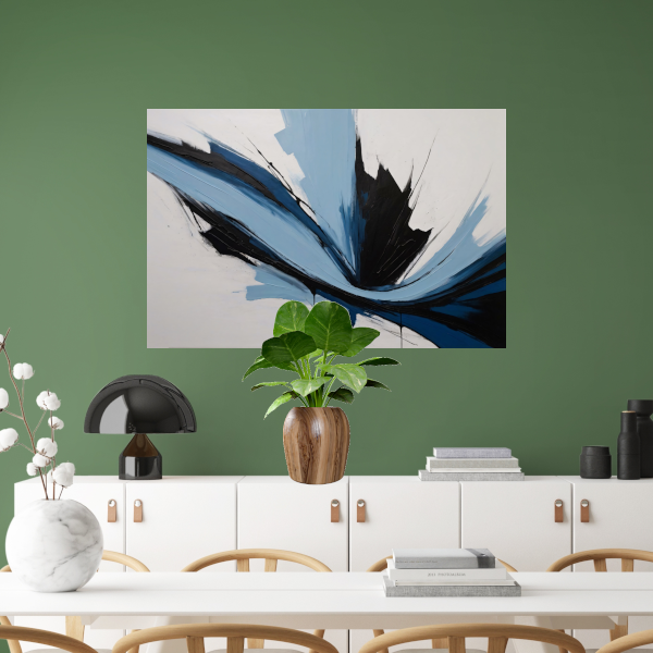 Dynamische Abstractie in Zwart, Wit en Blauw canvas met baklijst
