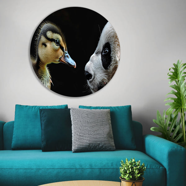 Panda en Eend Tête-à-Tête aluminium muurcirkel