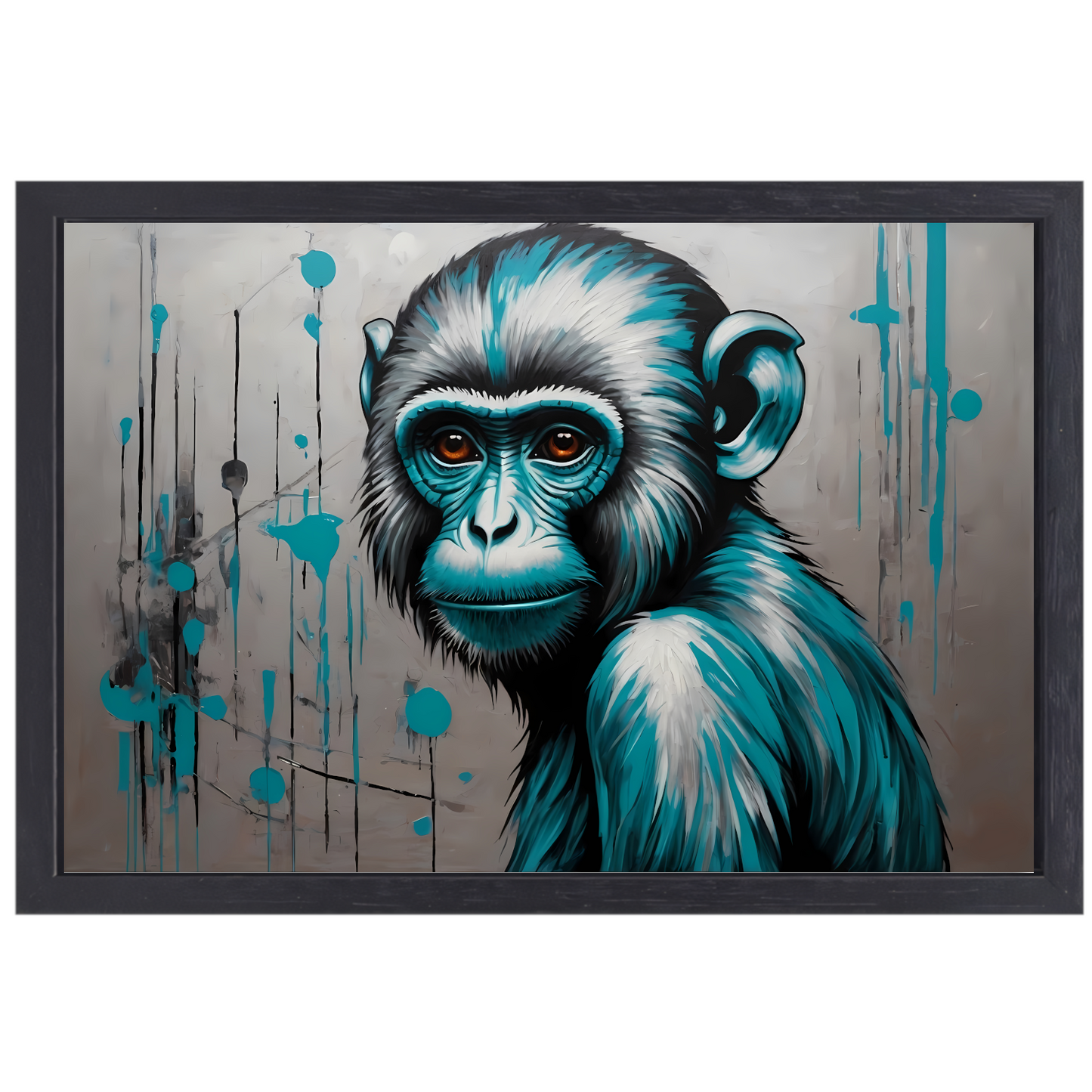 Abstracte Aap met Turquoise en Zilver Verf canvas met baklijst