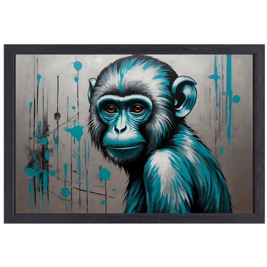 Abstracte Aap met Turquoise en Zilver Verf canvas met baklijst
