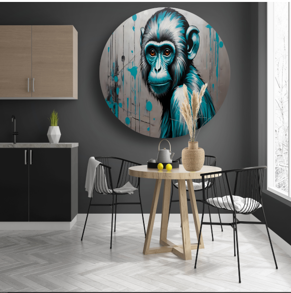 Abstracte Aap met Turquoise en Zilver Verf forex muurcirkel