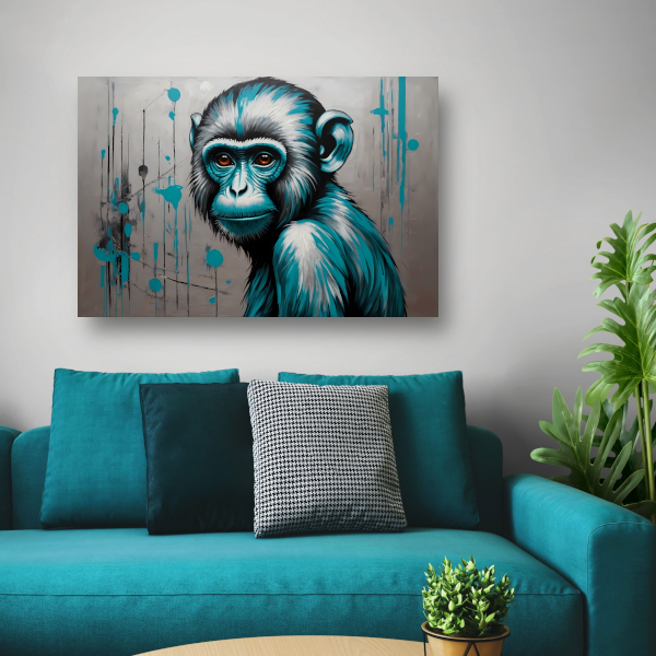 Abstracte Aap met Turquoise en Zilver Verf canvas met baklijst