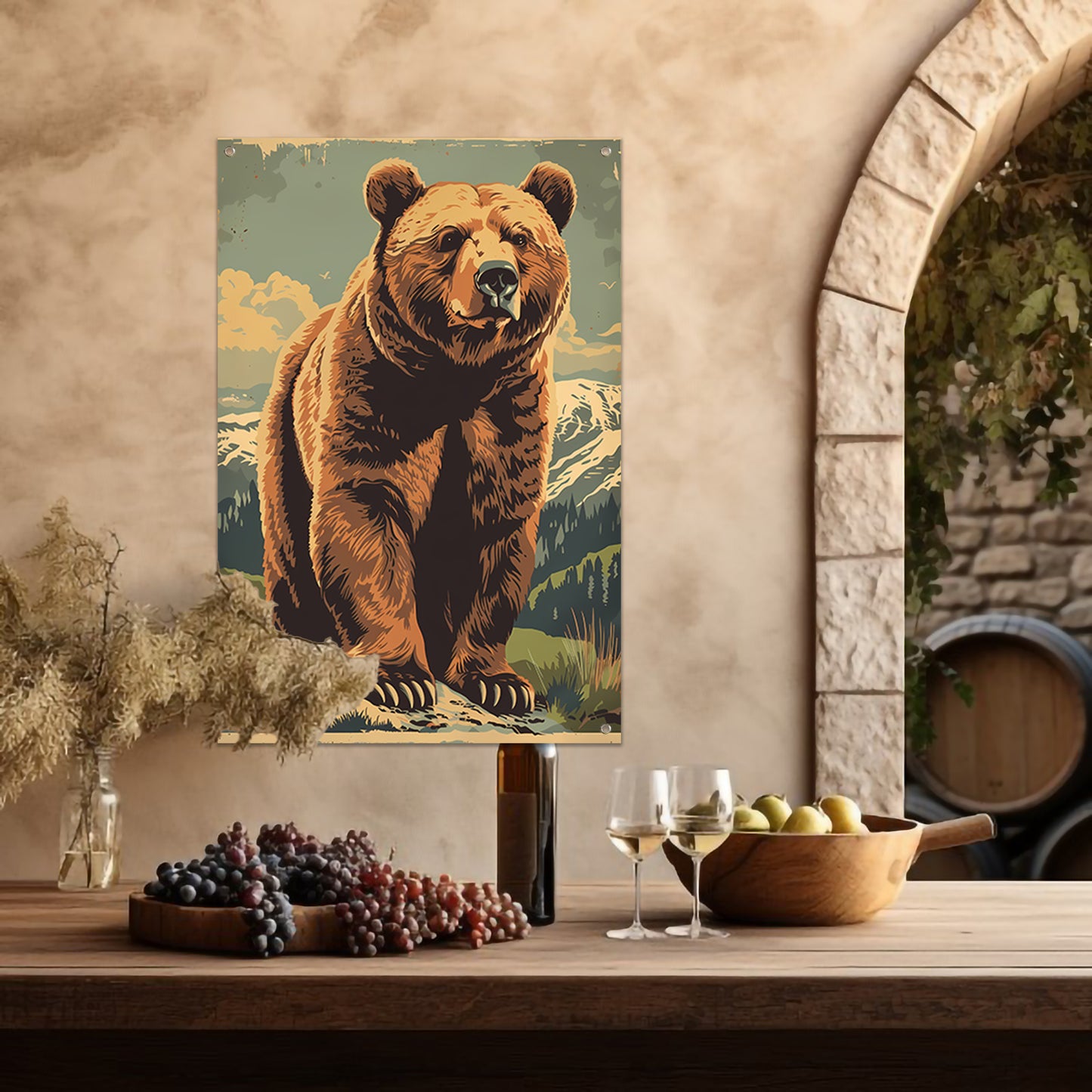 Vintage poster van een beer in een berglandschap tuinposter