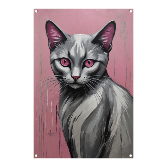 Roze Ogen Zilveren Kat tegen Roze Achtergrond tuinposter