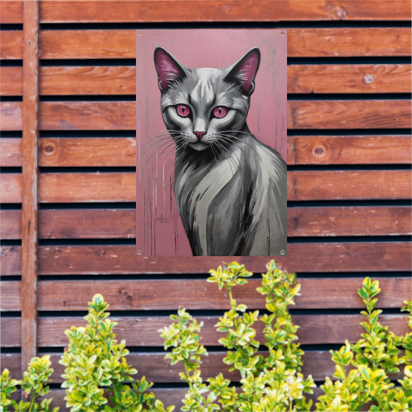 Roze Ogen Zilveren Kat tegen Roze Achtergrond tuinposter
