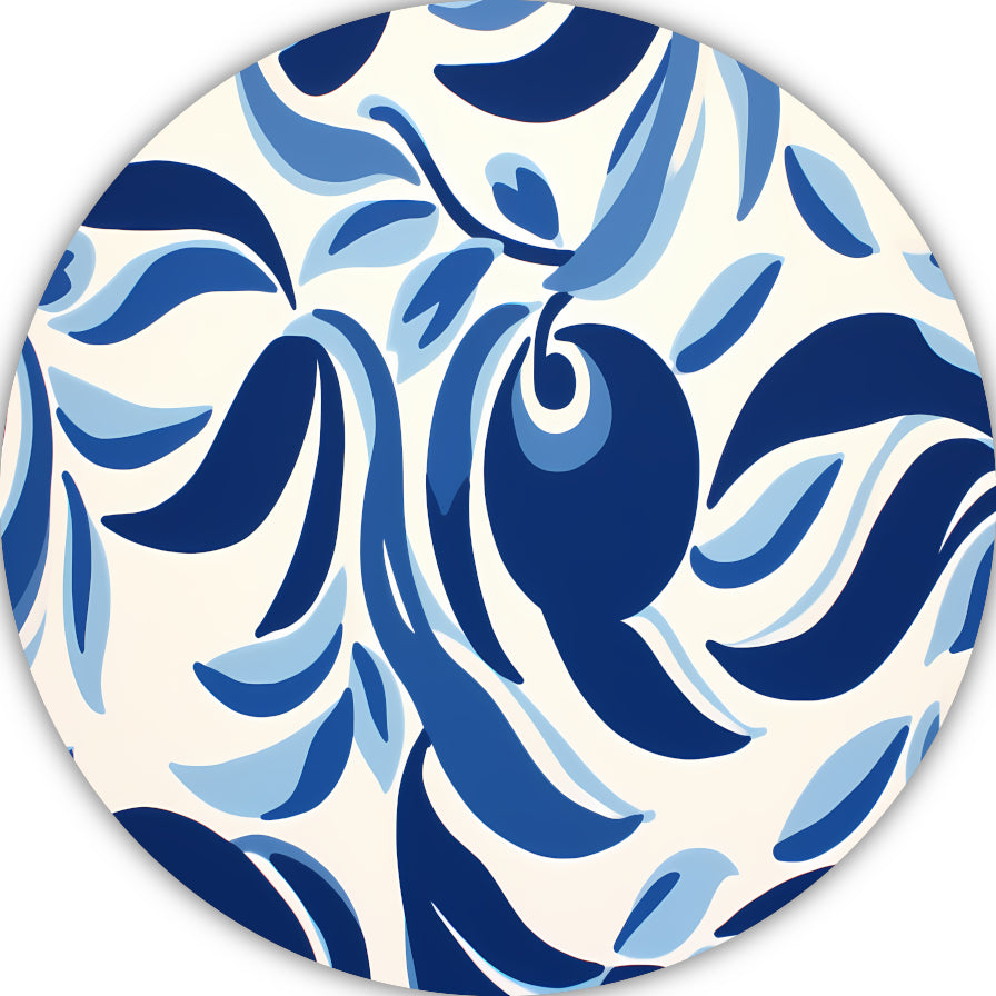 Minimalistische lijnencompositie in blauw en wit aluminium muurcirkel
