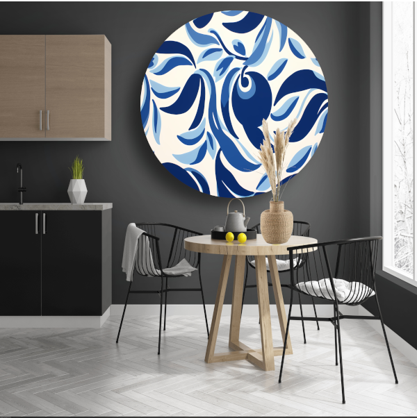 Minimalistische lijnencompositie in blauw en wit aluminium muurcirkel
