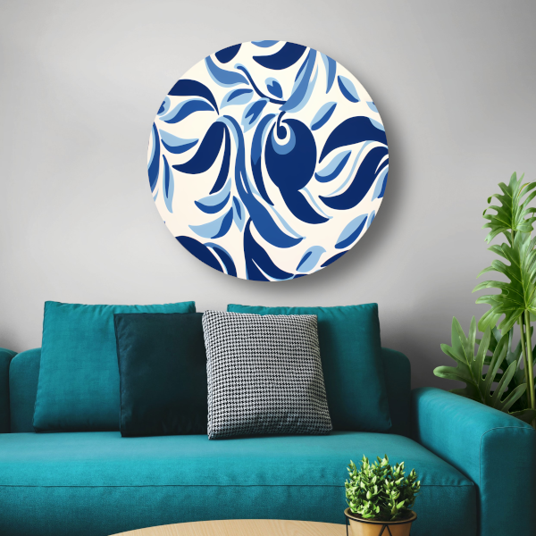 Minimalistische lijnencompositie in blauw en wit aluminium muurcirkel